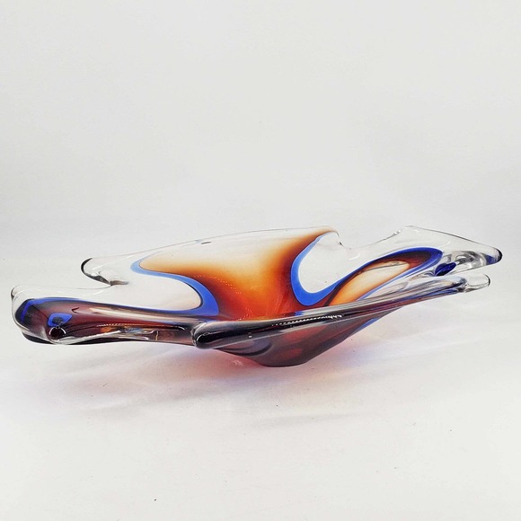 Abstract Blue Red Orange Hand Blown Art Glass Bowl/Candy Dish Polished Pontil - Picture 2 of 5